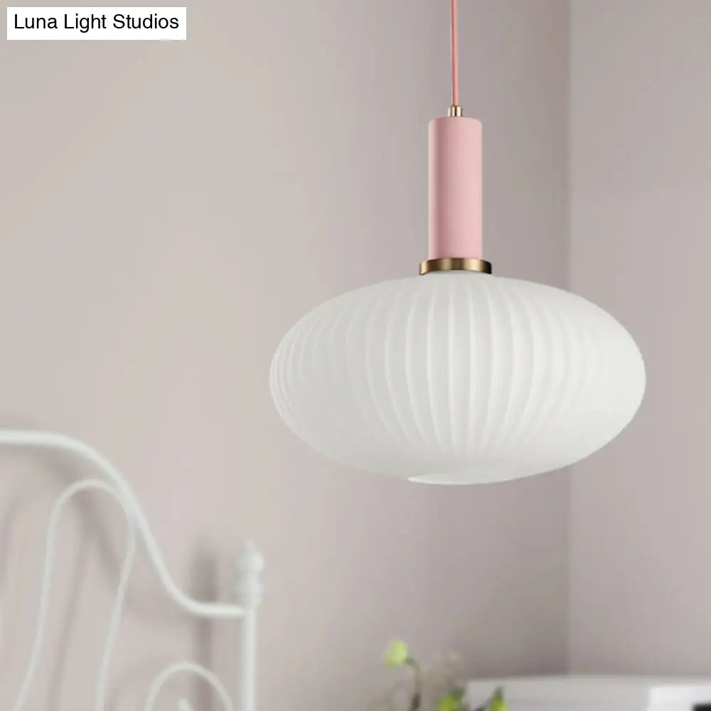 Macaron Pendant Light: Black/Pink/Blue Cylinder/Oval/Drum White Glass Shade 5’/8’/12’ Wide