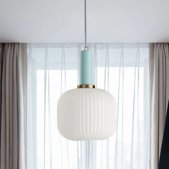 Macaron Pendant Light: Black/Pink/Blue Cylinder/Oval/Drum White Glass Shade 5’/8’/12’ Wide Blue / 8’