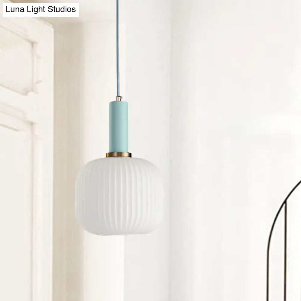 Macaron Pendant Light: Black/Pink/Blue Cylinder/Oval/Drum White Glass Shade 5’/8’/12’ Wide