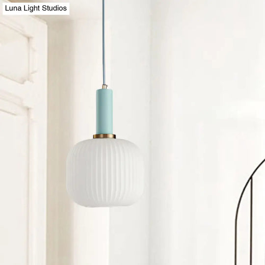 Macaron Pendant Light: Black/Pink/Blue Cylinder/Oval/Drum White Glass Shade 5’/8’/12’ Wide