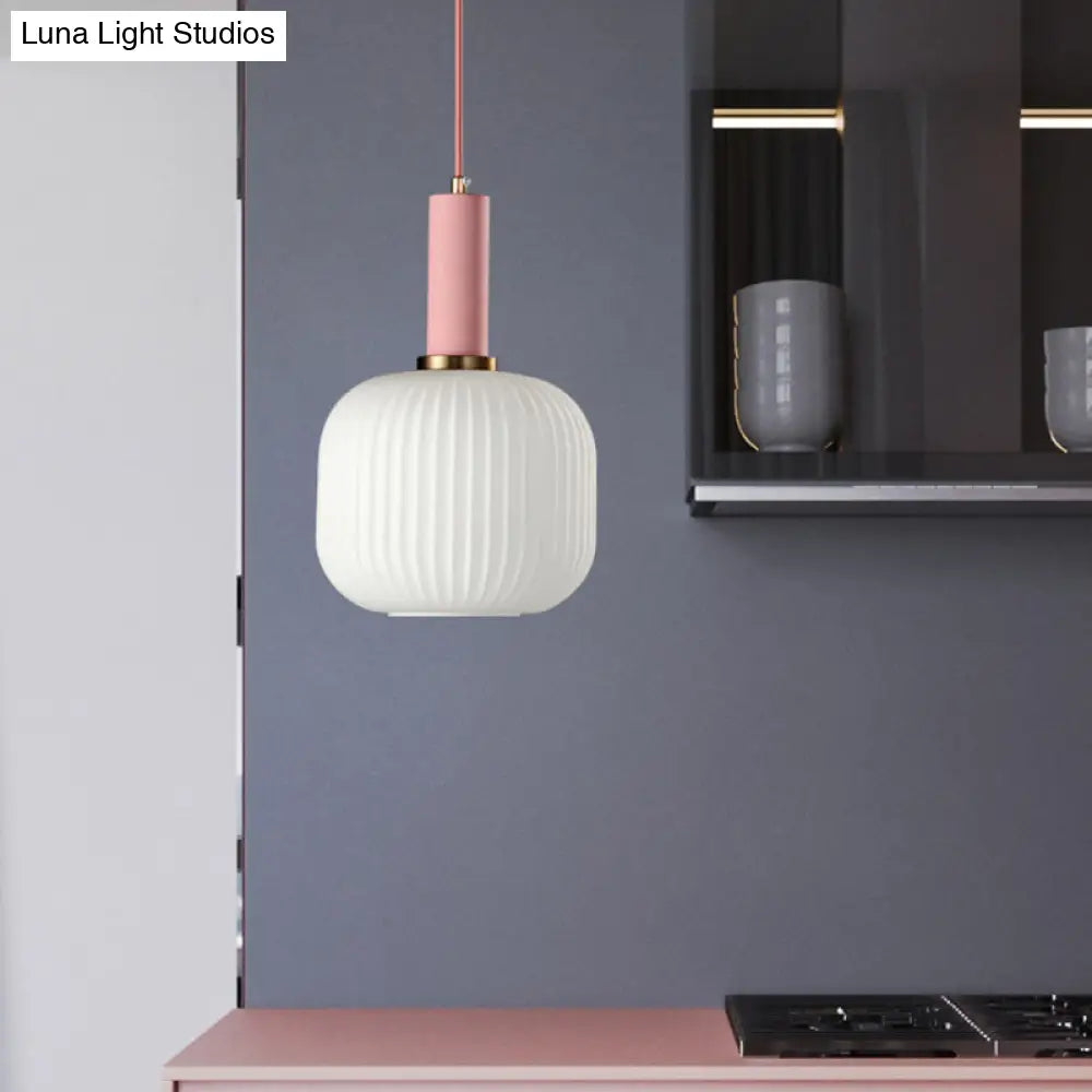 Macaron Black/Pink/Blue Pendant Dining Room Light With White Glass Shade - 5/8/12 Wide