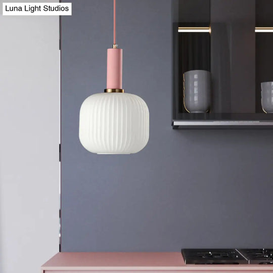 Macaron Pendant Light: Black/Pink/Blue Cylinder/Oval/Drum White Glass Shade 5’/8’/12’ Wide