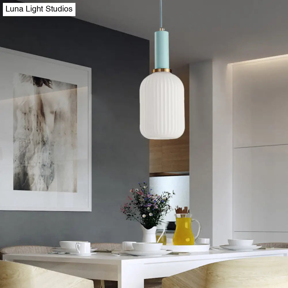 Macaron Pendant Light: Black/Pink/Blue Cylinder/Oval/Drum White Glass Shade 5’/8’/12’ Wide