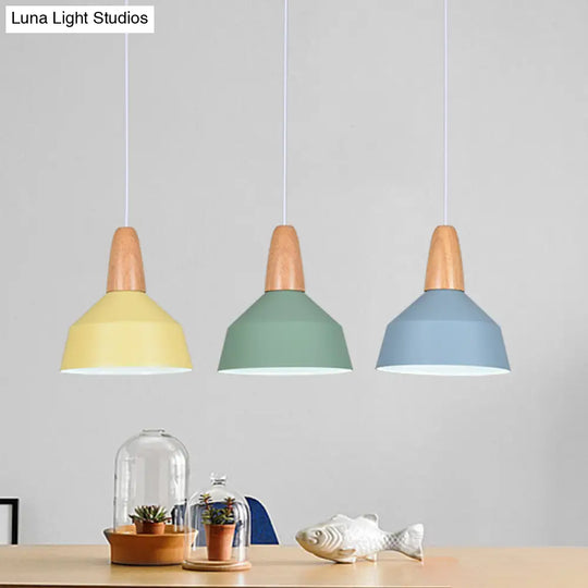 Macaron Pendant Light In Green/Grey/Pink With Wood Grip - Perfect For Barn Dining Rooms