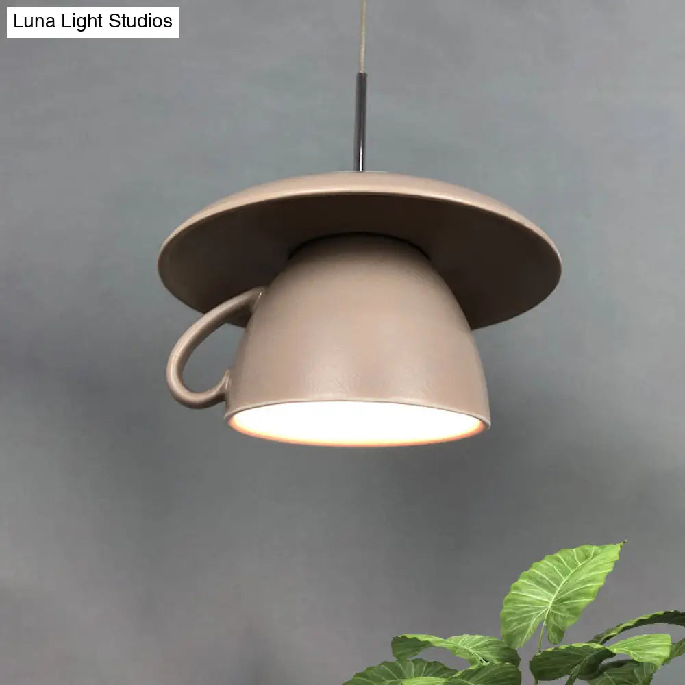 Macaron Pink/Grey/Green Led Pendant Lamp With Coffee Cup Ceramics Shade - Perfect For Restaurants