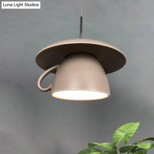 Macaron Pink/Grey/Green Led Pendant Lamp With Coffee Cup Ceramics Shade - Perfect For Restaurants