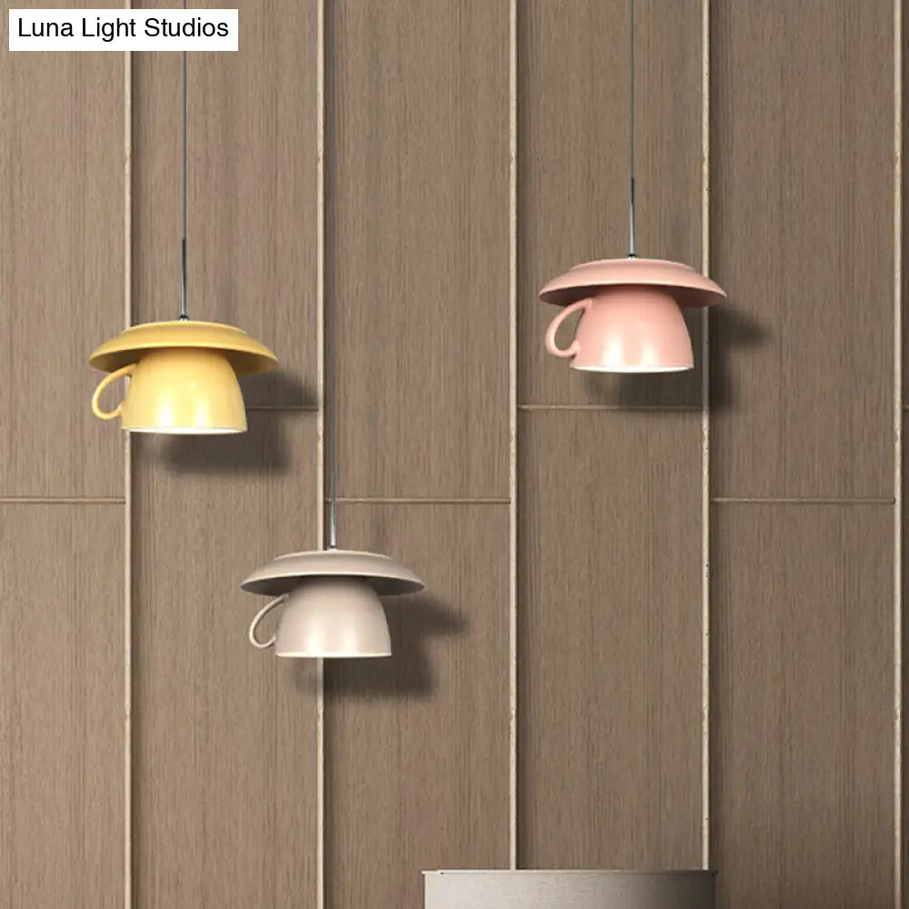 1-Light Macaron Pink/Grey/Green Restaurant Pendant Lamp With Ceramic Coffee Cup Shade Led Hanging