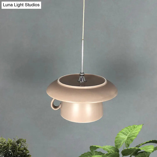 1-Light Macaron Pink/Grey/Green Restaurant Pendant Lamp With Ceramic Coffee Cup Shade Led Hanging