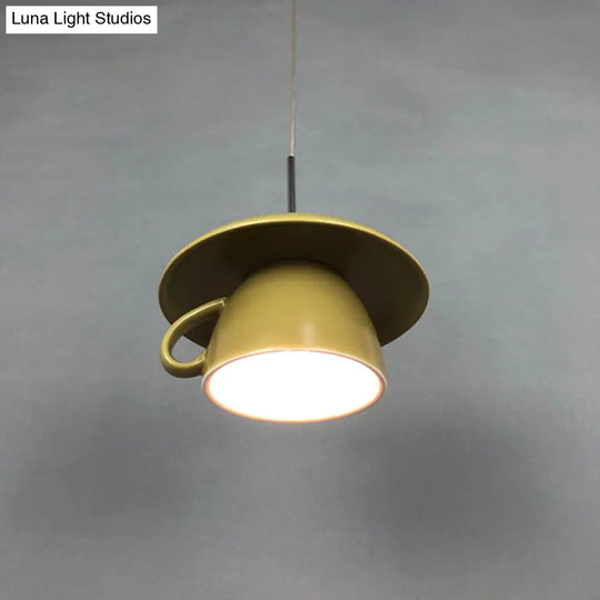 Macaron Pink/Grey/Green Led Pendant Lamp With Coffee Cup Ceramics Shade - Perfect For Restaurants