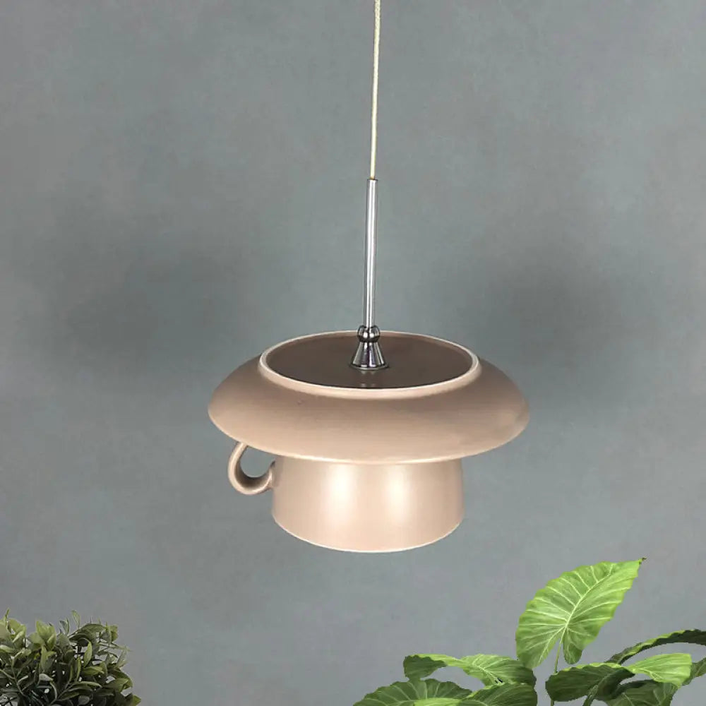 Macaron Pink/Grey/Green Led Pendant Lamp With Coffee Cup Ceramics Shade - Perfect For Restaurants