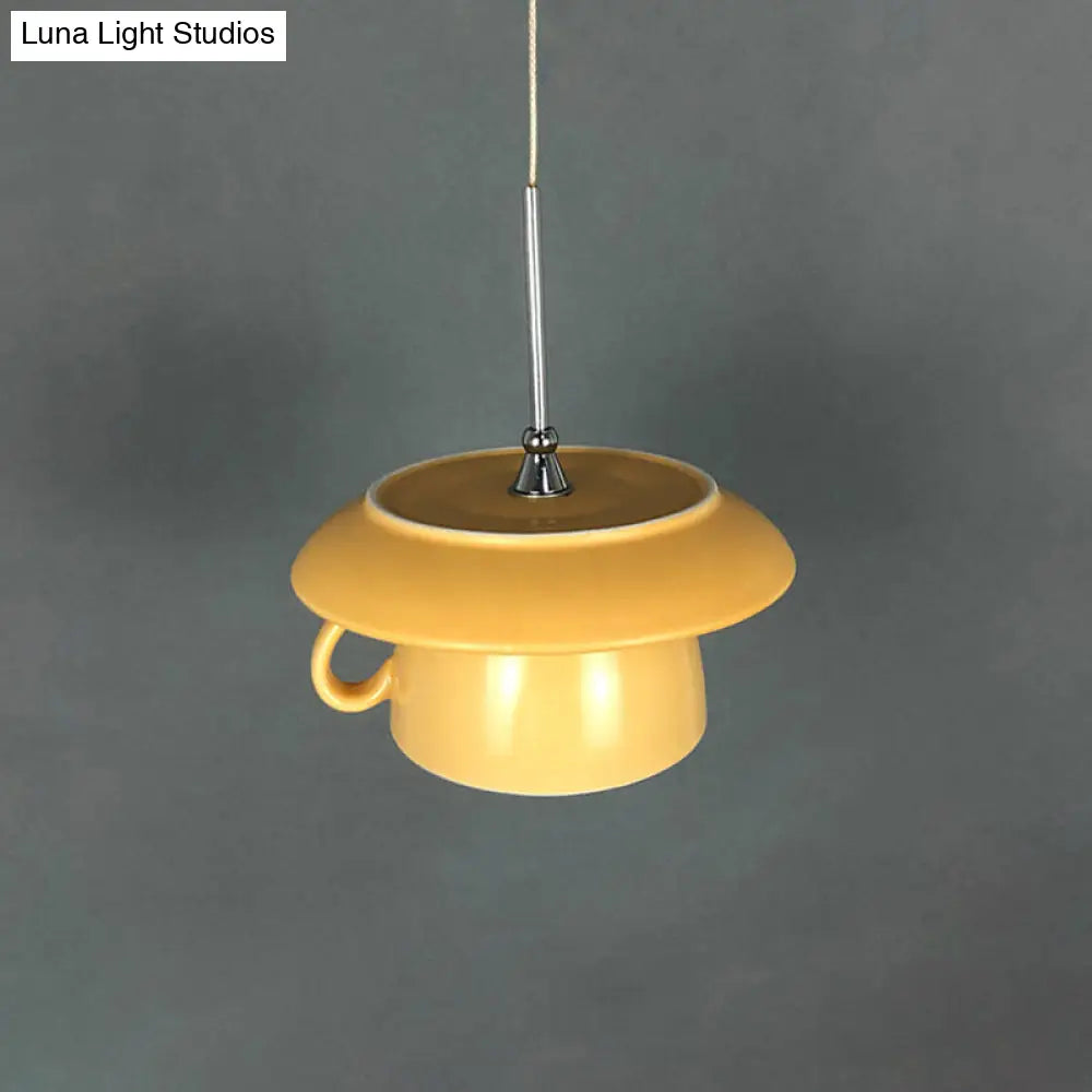 1-Light Macaron Pink/Grey/Green Restaurant Pendant Lamp With Ceramic Coffee Cup Shade Led Hanging