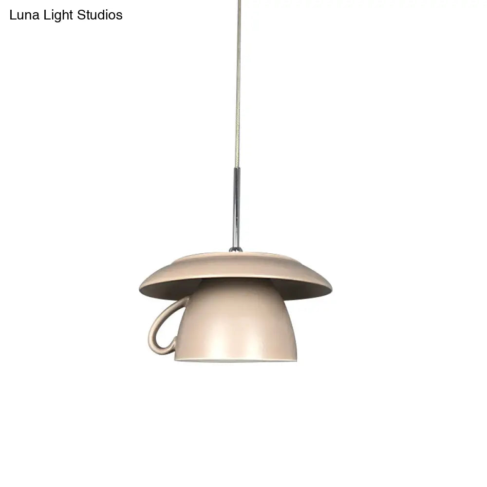 Macaron Pink/Grey/Green Led Pendant Lamp With Coffee Cup Ceramics Shade - Perfect For Restaurants