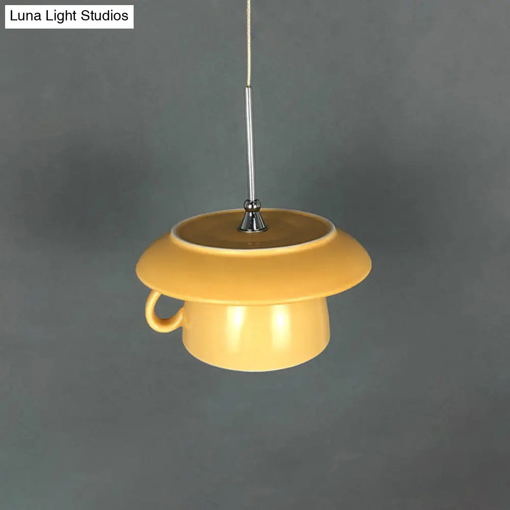 Macaron Pink/Grey/Green Led Pendant Lamp With Coffee Cup Ceramics Shade - Perfect For Restaurants