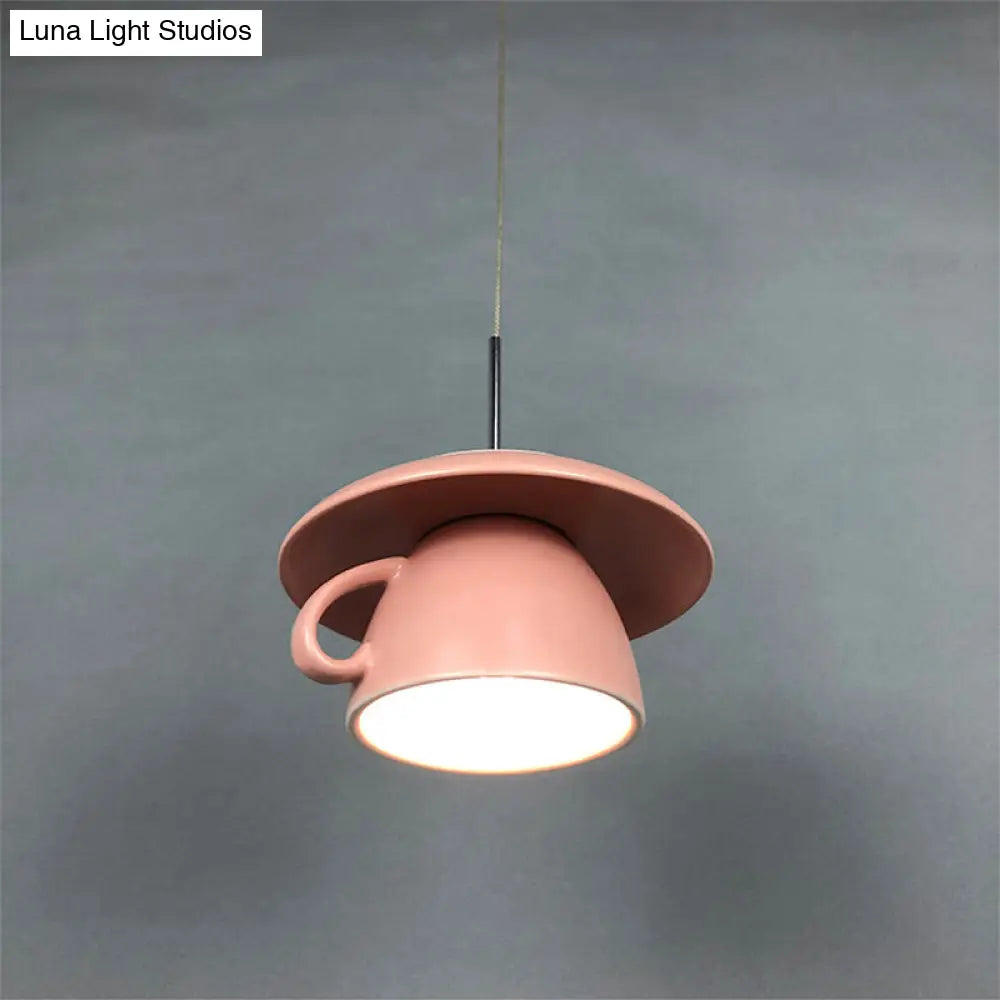 1-Light Macaron Pink/Grey/Green Restaurant Pendant Lamp With Ceramic Coffee Cup Shade Led Hanging