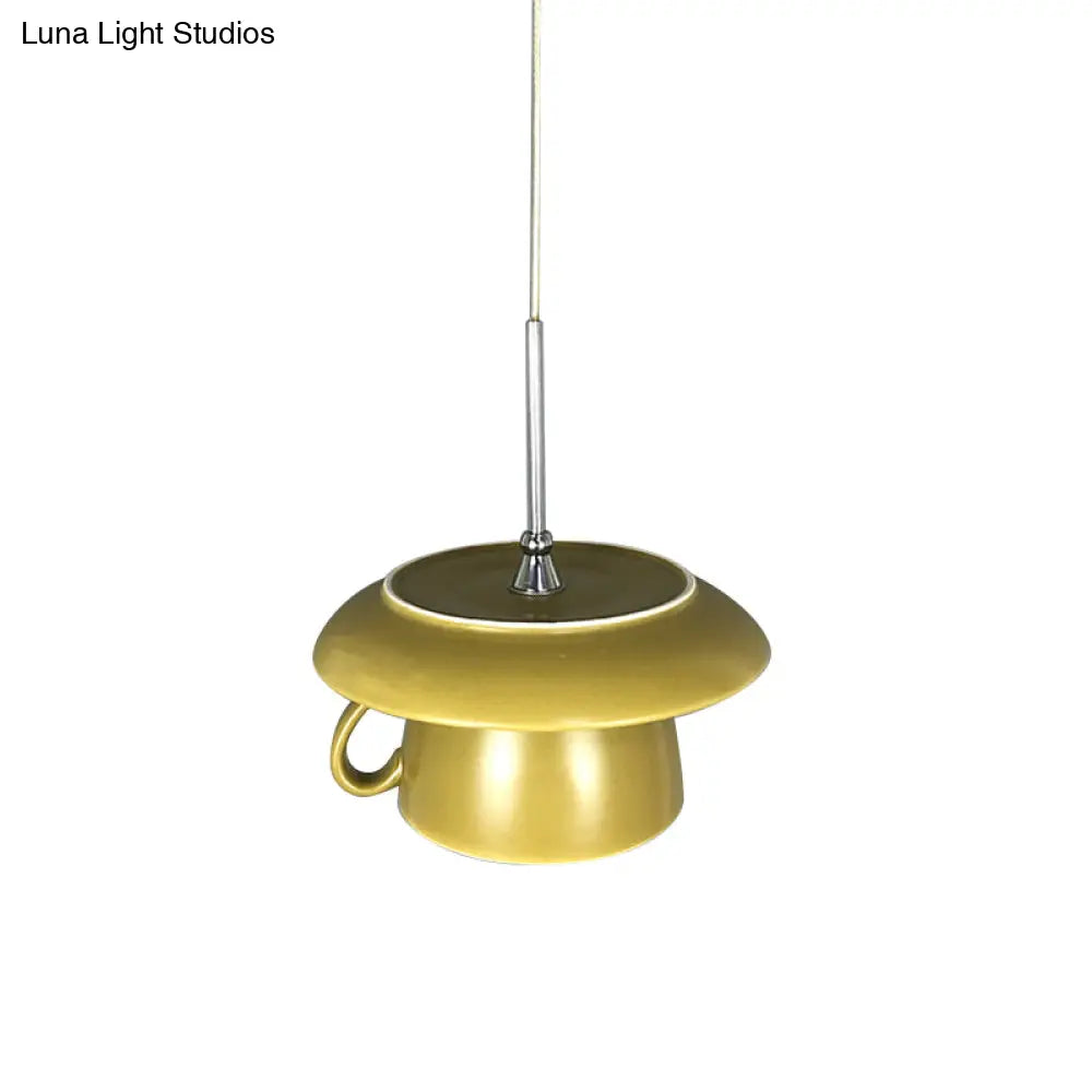 Macaron Pink/Grey/Green Led Pendant Lamp With Coffee Cup Ceramics Shade - Perfect For Restaurants