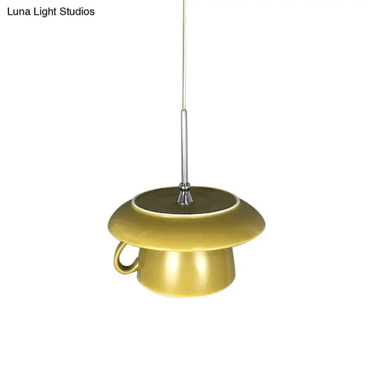 Macaron Pink/Grey/Green Led Pendant Lamp With Coffee Cup Ceramics Shade - Perfect For Restaurants