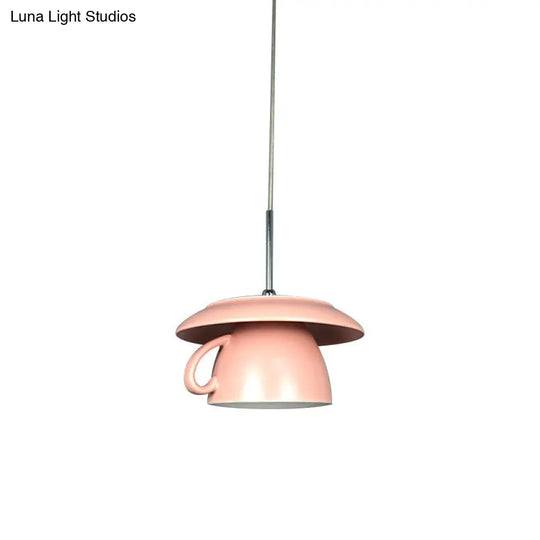 1-Light Macaron Pink/Grey/Green Restaurant Pendant Lamp With Ceramic Coffee Cup Shade Led Hanging