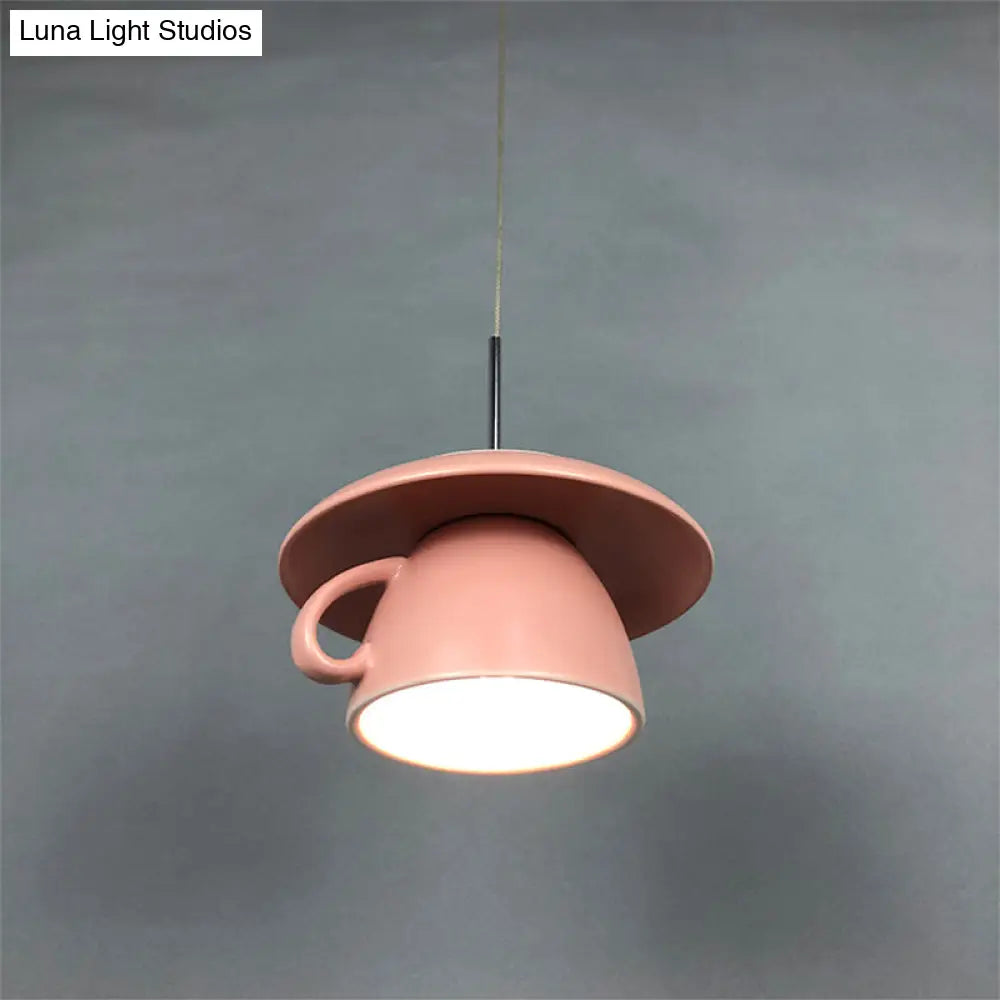 Macaron Pink/Grey/Green Led Pendant Lamp With Coffee Cup Ceramics Shade - Perfect For Restaurants