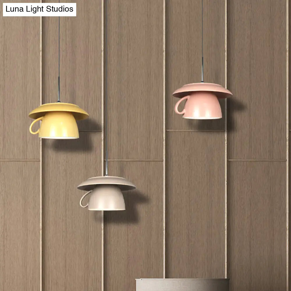 Macaron Pink/Grey/Green Led Pendant Lamp With Coffee Cup Ceramics Shade - Perfect For Restaurants