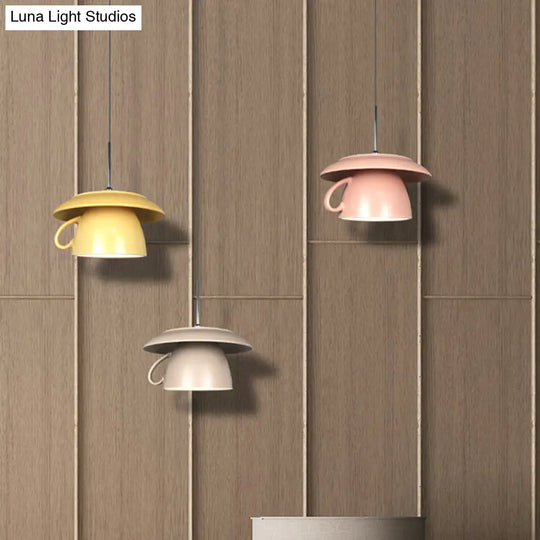 Macaron Pink/Grey/Green Led Pendant Lamp With Coffee Cup Ceramics Shade - Perfect For Restaurants