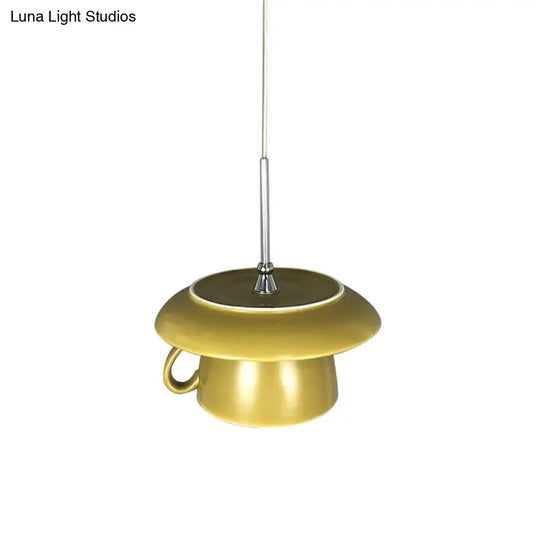 1-Light Macaron Pink/Grey/Green Restaurant Pendant Lamp With Ceramic Coffee Cup Shade Led Hanging