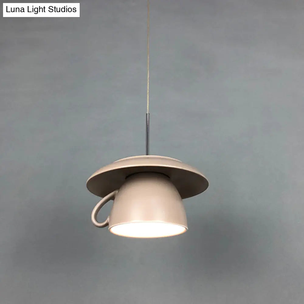 Macaron Pink/Grey/Green Led Pendant Lamp With Coffee Cup Ceramics Shade - Perfect For Restaurants