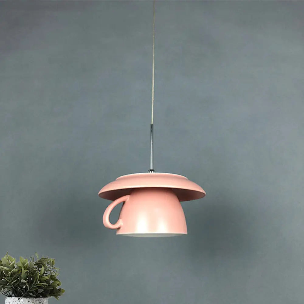 Macaron Pink/Grey/Green Led Pendant Lamp With Coffee Cup Ceramics Shade - Perfect For Restaurants