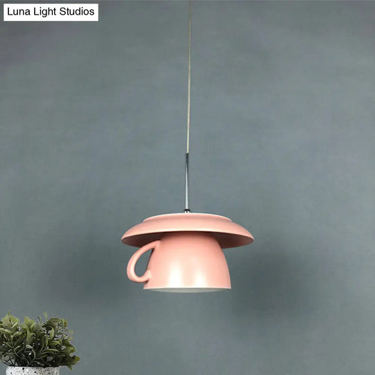 1-Light Macaron Pink/Grey/Green Restaurant Pendant Lamp With Ceramic Coffee Cup Shade Led Hanging