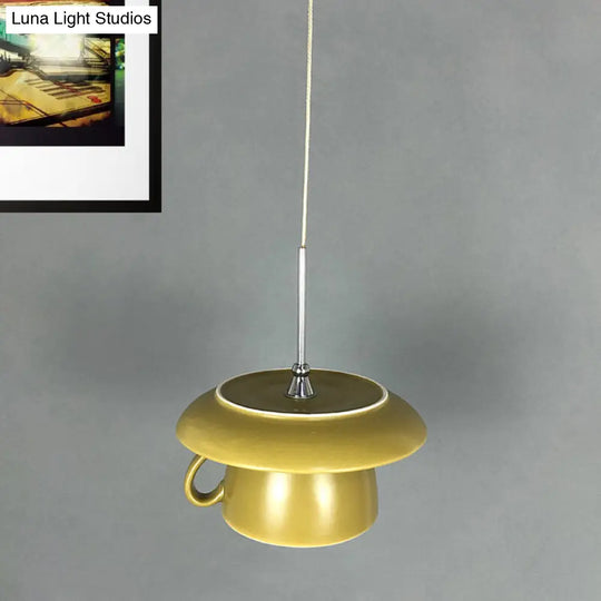 1-Light Macaron Pink/Grey/Green Restaurant Pendant Lamp With Ceramic Coffee Cup Shade Led Hanging