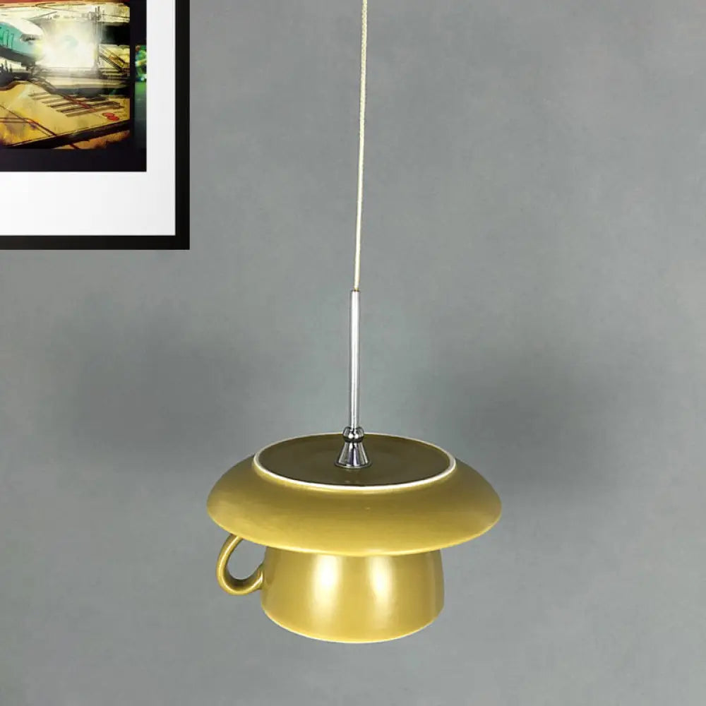 Macaron Pink/Grey/Green Led Pendant Lamp With Coffee Cup Ceramics Shade - Perfect For Restaurants