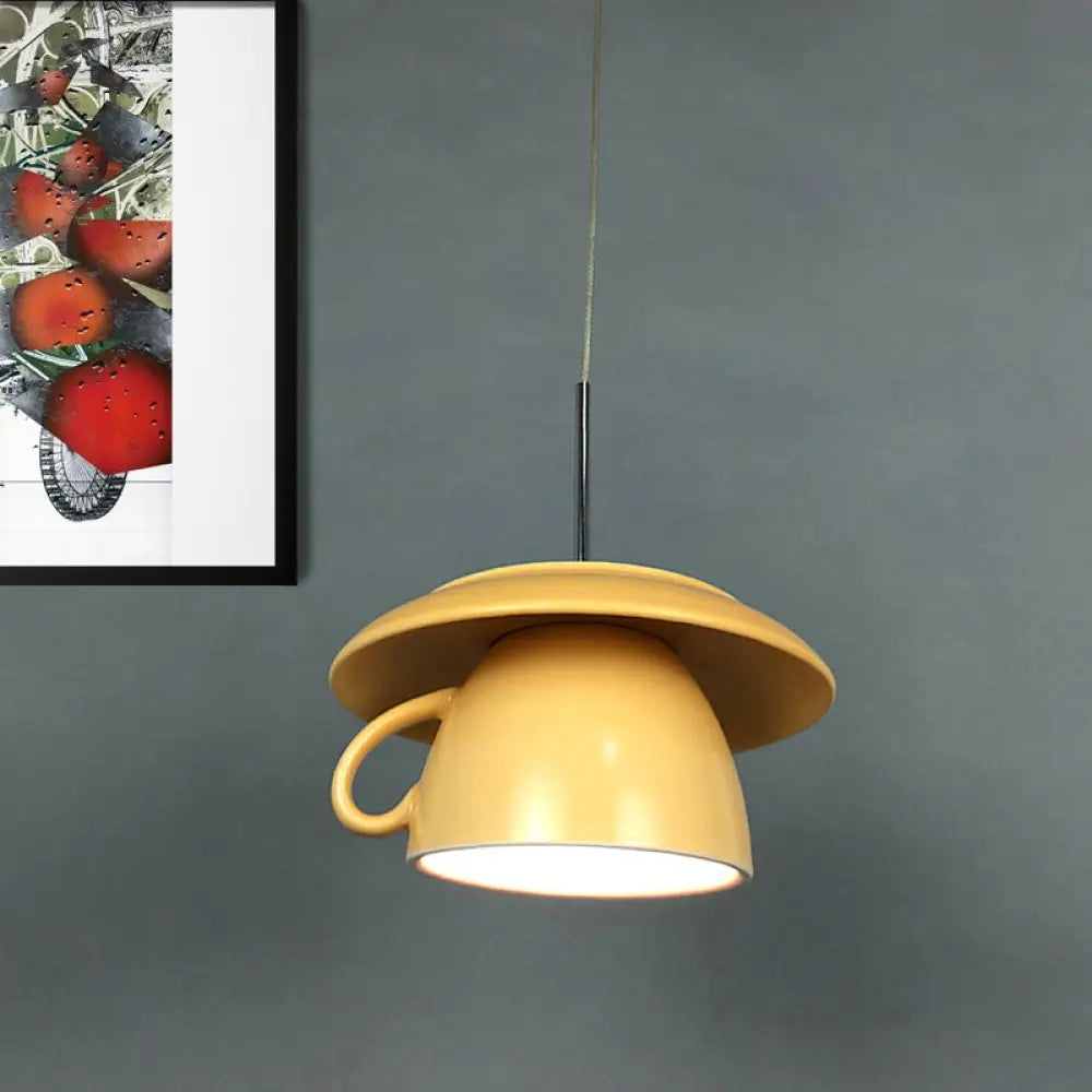 Macaron Pink/Grey/Green Led Pendant Lamp With Coffee Cup Ceramics Shade - Perfect For Restaurants