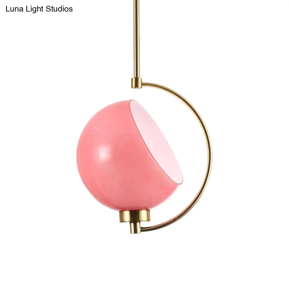 Macaron Pink Hand Blown Glass Hanging Pendant Light Kit - Curved Arm 1 Head Bedside Drop Design