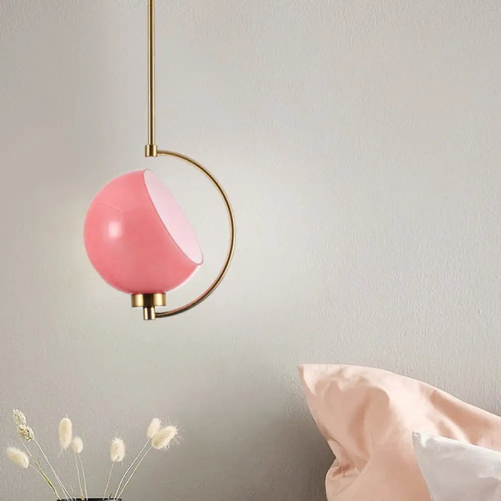 Macaron Pink Hand Blown Glass Hanging Pendant Light Kit - Curved Arm 1 Head Bedside Drop Design