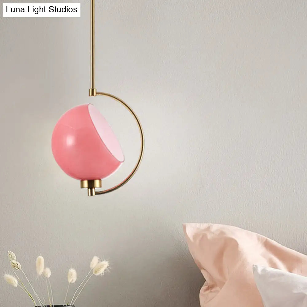 Macaron Pink Hand Blown Glass Hemispherical Hanging Light Kit - 1 Head Bedside Pendant