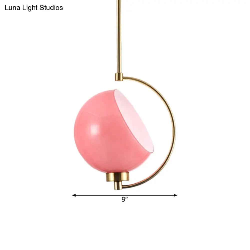 Macaron Pink Hand Blown Glass Hemispherical Hanging Light Kit - 1 Head Bedside Pendant