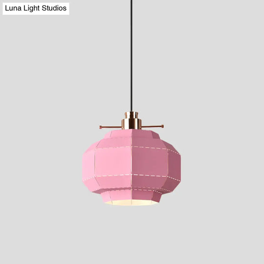 Macaron Pink Pendant Light With Faceted Iron Shade - Stylish Hanging Pendulum For Dinette