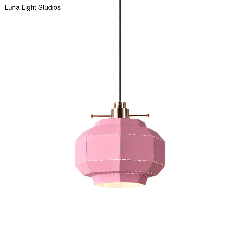 Pink Macaron Pendant Light With Faceted Iron Shade - Dinette Style