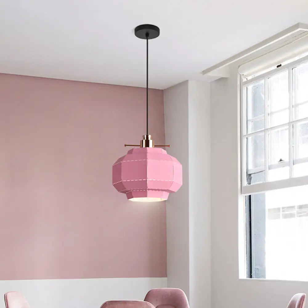 Macaron Pink Pendant Light With Faceted Iron Shade - Stylish Hanging Pendulum For Dinette