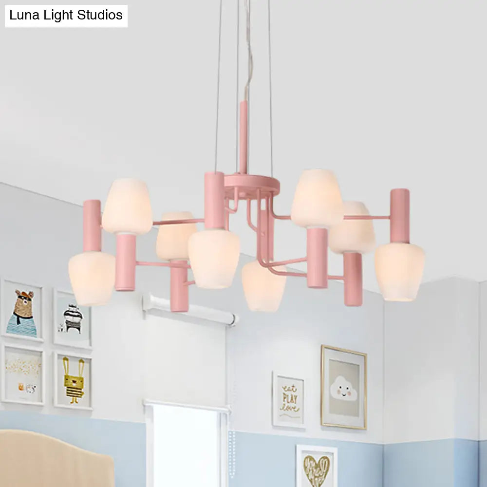 Macaron Pink/Yellow/Blue Lounge Chandelier With Milk Glass Shades - 8 Bulbs Hanging Lamp