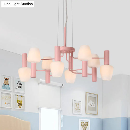 Macaron Pink/Yellow/Blue Lounge Chandelier With Milk Glass Shades - 8 Bulbs Hanging Lamp