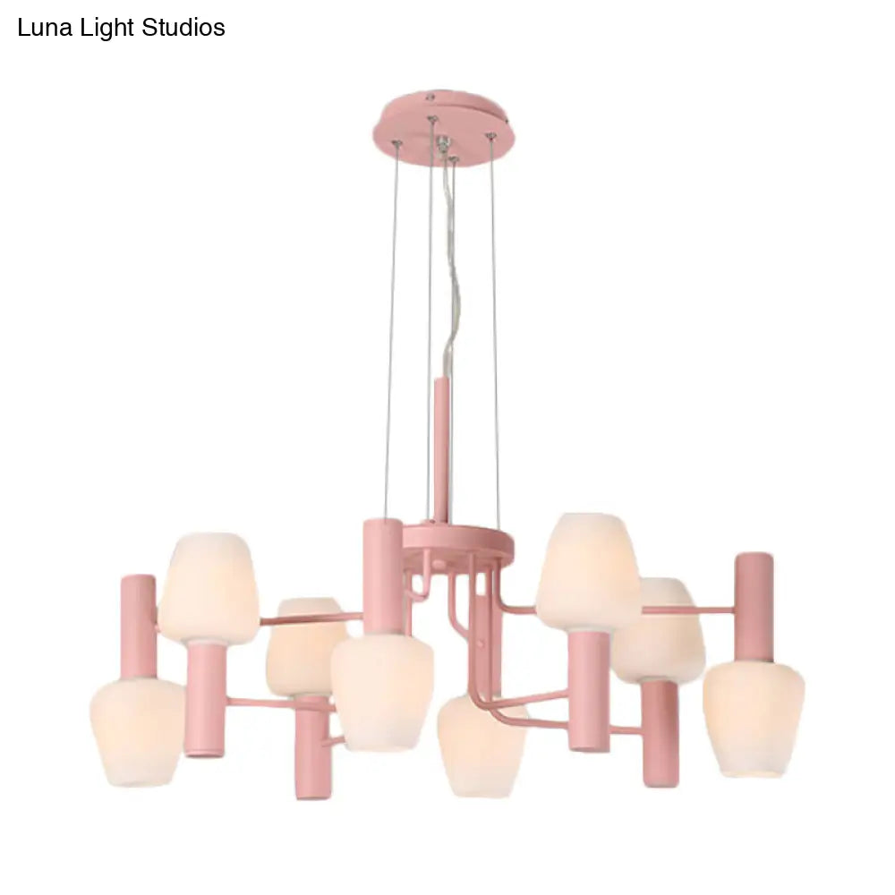 Macaron Pink/Yellow/Blue Lounge Ceiling Chandelier With 8 Bulbs And Milk Glass Up/Down Bottle Shades