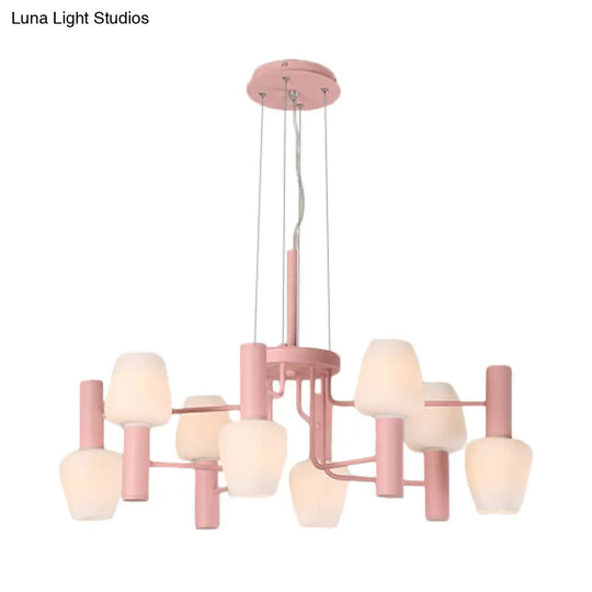 Macaron Pink/Yellow/Blue Lounge Ceiling Chandelier With 8 Bulbs And Milk Glass Up/Down Bottle Shades