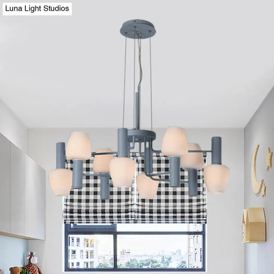 Macaron Pink/Yellow/Blue Lounge Ceiling Chandelier With 8 Bulbs And Milk Glass Up/Down Bottle Shades