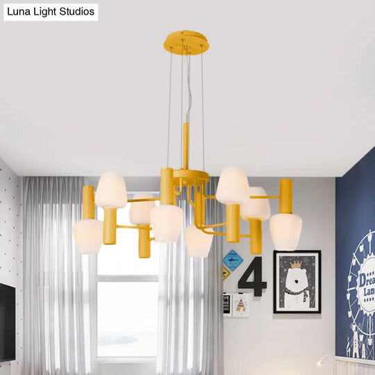 Macaron Pink/Yellow/Blue Lounge Chandelier With Milk Glass Shades - 8 Bulbs Hanging Lamp