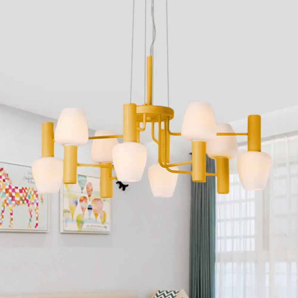 Macaron Pink/Yellow/Blue Lounge Chandelier With Milk Glass Shades - 8 Bulbs Hanging Lamp Yellow