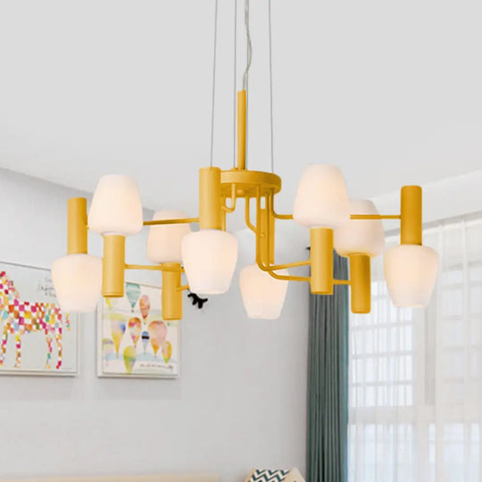 Macaron Pink/Yellow/Blue Lounge Chandelier With Milk Glass Shades - 8 Bulbs Hanging Lamp Yellow