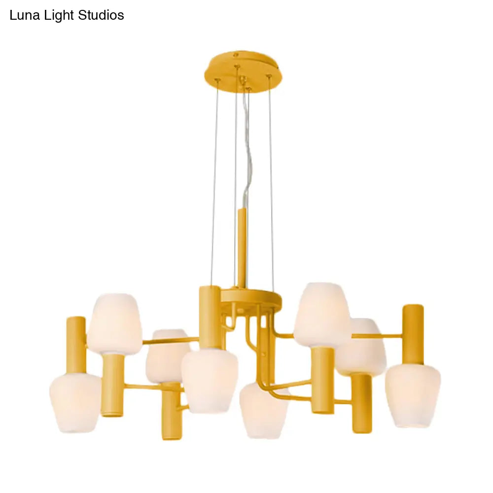 Macaron Pink/Yellow/Blue Lounge Chandelier With Milk Glass Shades - 8 Bulbs Hanging Lamp