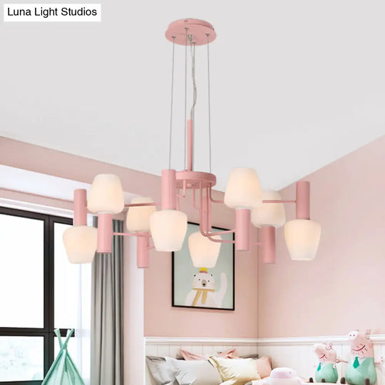 Macaron Pink/Yellow/Blue Lounge Chandelier With Milk Glass Shades - 8 Bulbs Hanging Lamp