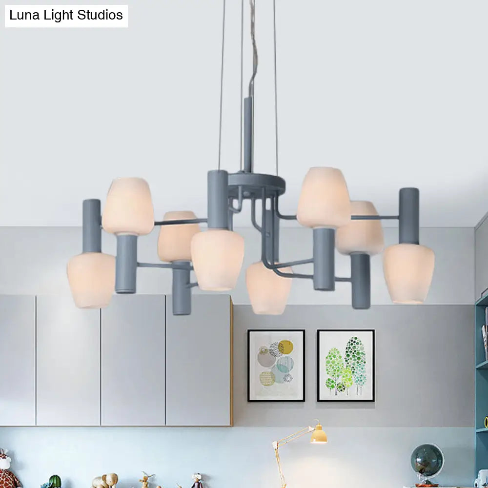 Macaron Pink/Yellow/Blue Lounge Ceiling Chandelier With 8 Bulbs And Milk Glass Up/Down Bottle Shades