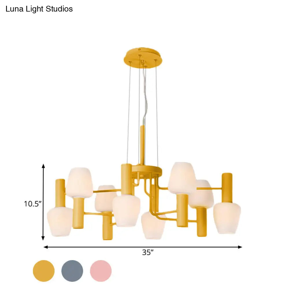 Macaron Pink/Yellow/Blue Lounge Ceiling Chandelier With 8 Bulbs And Milk Glass Up/Down Bottle Shades